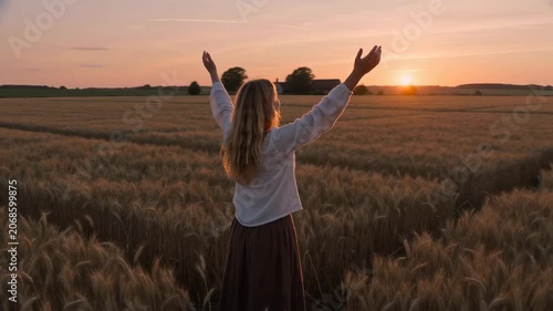 Woman standing in golden wheat field raising arms at golden hour sunset