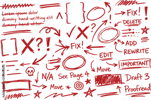 Bild auf Leinwand Red hand drawn correction marks and editor symbols, handwritten proofreading arr