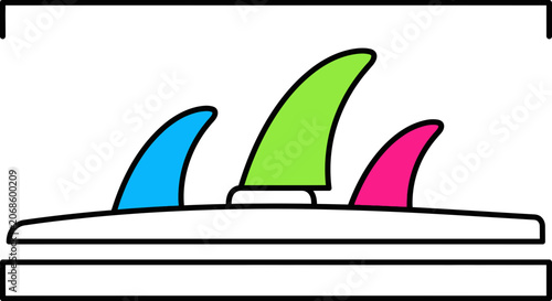 Surfboard Fins Set: Blue, Green, Pink Tri-fin System on White Board