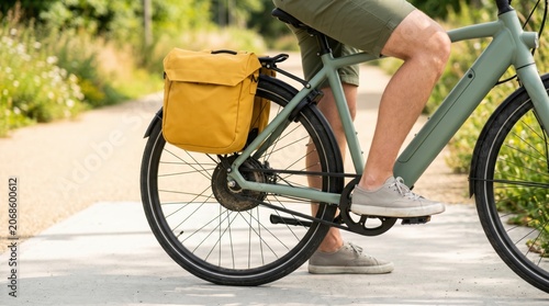 Young man riding a green electric bicycle with a yellow pannier bag on a sunny path for eco-friendly urban commuting