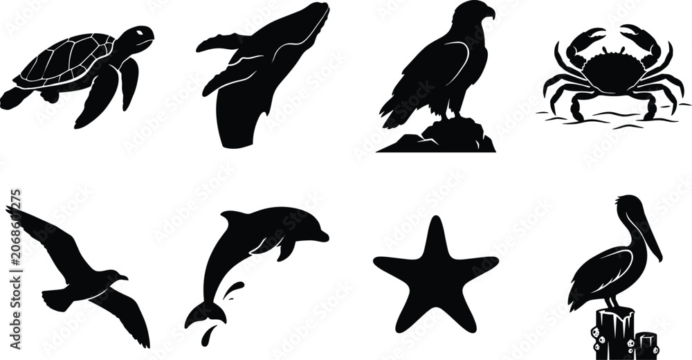 Obraz premium Marine life and coastal wildlife animal silhouettes vector set featuring sea turtle dolphin whale and eagle