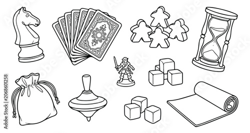 Fotografie Board game icons set in line art style, tabletop gaming elements with chess knig