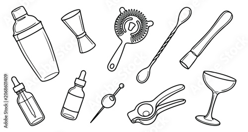 Foto Minimalist barware tool icons, professional cocktail equipment vector set, black