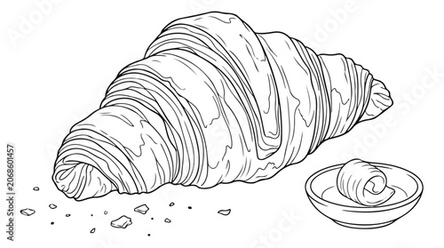 Quadro su tela Hand drawn croissant vector illustration, French buttery pastry with butter curl