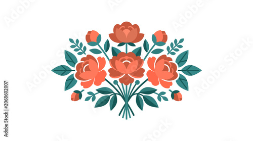 Coral Rose Bouquet with Teal Leaves - Decorative Floral Design