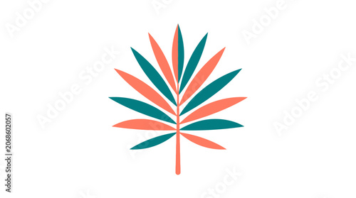Tropical Palm Leaf Illustration, Coral and Teal Colors, Isolated on White Background