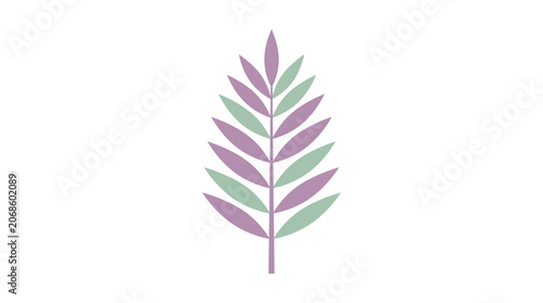 Stylized Branch with Purple and Green Leaves on White Background