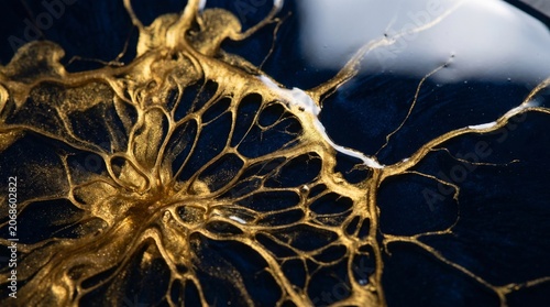 Abstract fluid art featuring elegant gold metallic veins flowing across a deep blue epoxy surface