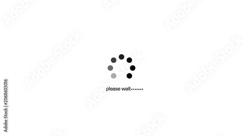 A circular loading indicator with black and grey dots and the text please wait and ellipses on a clean white background representing a pause or buffering state. Keywords: loading, indicator