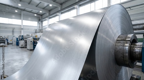 Massive industrial roll of shiny metal sheet material stored in a factory