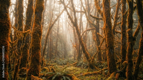 Moss covered trees stand tall within the dense misty rain forest during a quiet morning