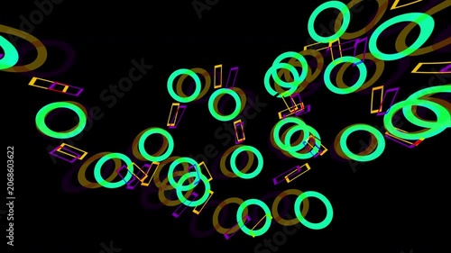 Abstract colorful geometric shapes flowing on black background