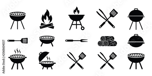 фотографія BBQ Grill Icons Featuring Barbecue Tools, Grilling Equipment, Sausages, Fire Ele