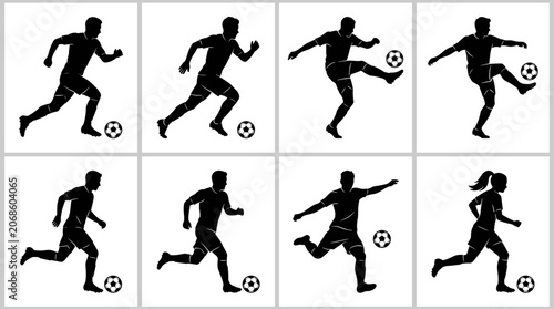 Fotografija Set of detailed black silhouettes of male and female soccer players in action po