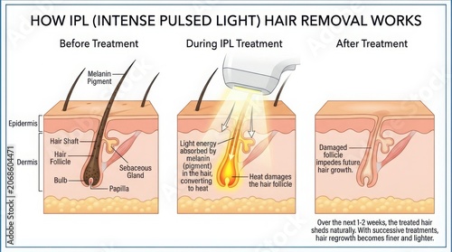 Diagram showing how ipl laser hair removal treatment works illustration