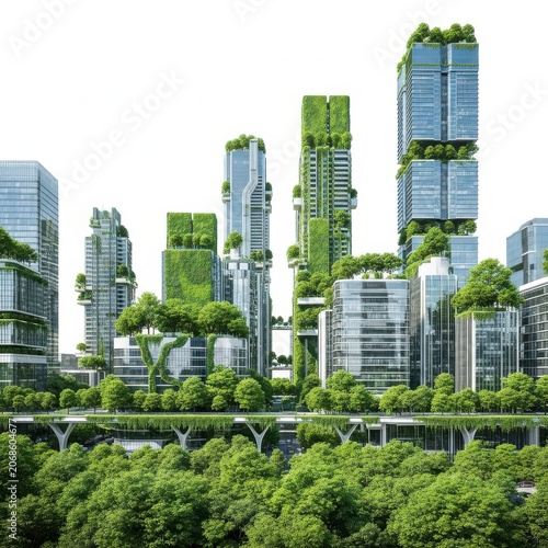 Modern green city skyline with tall eco friendly skyscrapers and trees isolated on white background