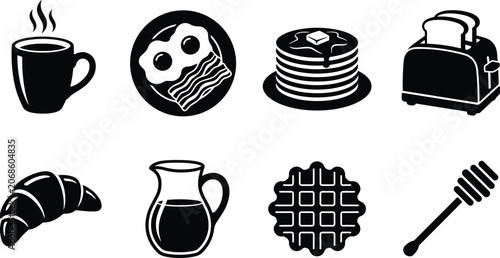 Foto Black and white breakfast icon set featuring coffee, eggs with bacon, pancakes,