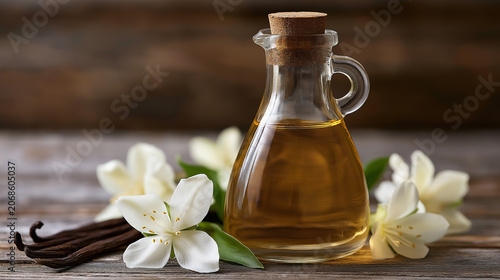 Vanilla extract oil in a glass bottle with cork, surrounded by fresh white blooms and dried vanilla pods, representing aromatherapy, natural wellness, and organic cosmetic ingredients, copy space