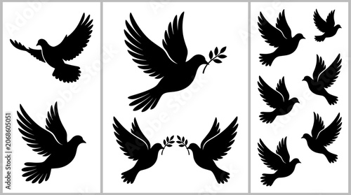 Tableau sur toile Collection of black silhouette flying doves with olive branches symbolizing peac