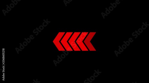 A row of five bright red chevron arrows pointing to the left, each slightly darker than the one before it, set against a deep black background, signifying a backward movement or a reverse process