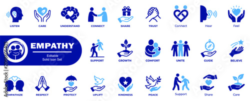 Empathy solid icons. Portraying human, kindness, emotional support, care, love, understanding, and growth vector illustrator.