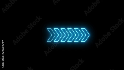 A single, sharp, light blue chevron arrow pointing to the right, isolated and glowing subtly against a completely black background, representing a singular direction or a focused digital Keywords