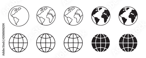 Fotografía Earth planet globe icons set with outline and solid continent shapes for global travel and geography