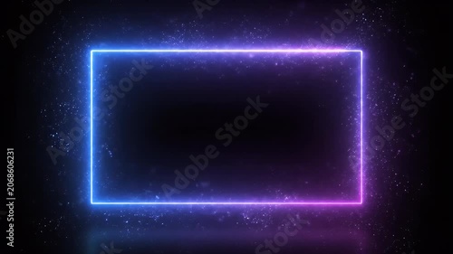 A vibrant neon frame glows against a dark background, emitting a sparkling aura and creating a futuristic, abstract visual effect.