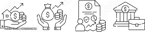Wealth Management Icons Set Vector Illustration, Asset Growth, Financial Planning and Investment Strategy Line Art Collection
