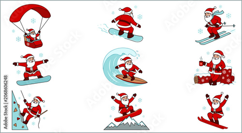 Konstfotografi Santa Claus Winter Sports Collection with Skiing Snowboarding Surfing and Advent