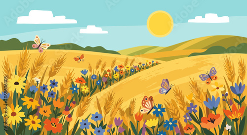 Summer Meadow Landscape with Butterflies and Golden Wheat Field
