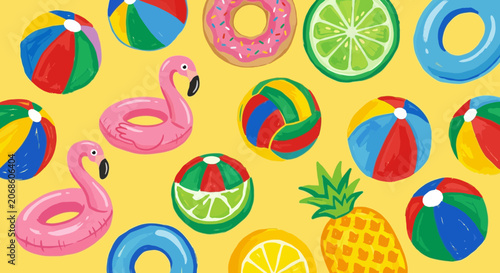 Summer Fun: Beach Balls, Floats, Pineapple, Donut & Citrus on Yellow Backdrop