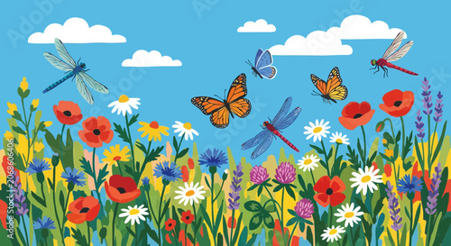 Summer Meadow Insects and Flowers Illustration