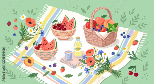 Summer Picnic Food and Flowers Illustration. Fruit, Berries, Lemonade, Basket, Blanket.