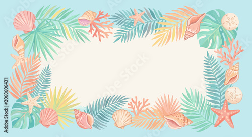 Summer Tropical Border Frame with Seashells and Palm Leaves on Blue