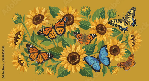 Sunflowers and Monarch Butterflies Illustration