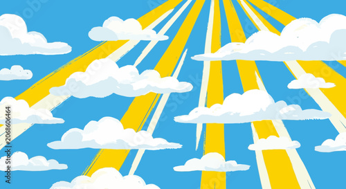 Sunlight beams through clouds on a bright blue sky