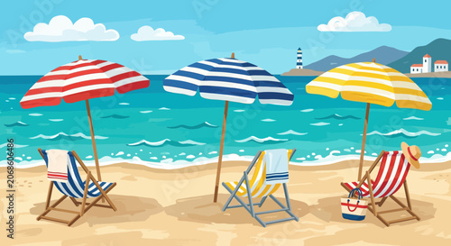 Sunny beach scene with umbrellas and chairs, ocean, lighthouse, and distant hills.
