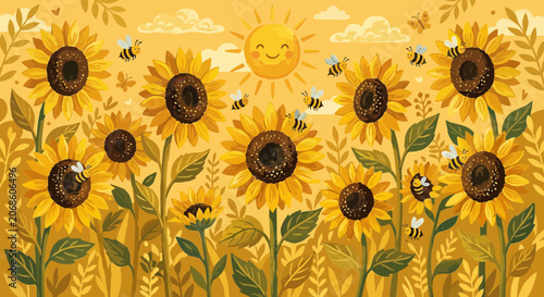 Sunny Sunflower Field with Happy Sun and Bees, Autumn Harvest Illustration