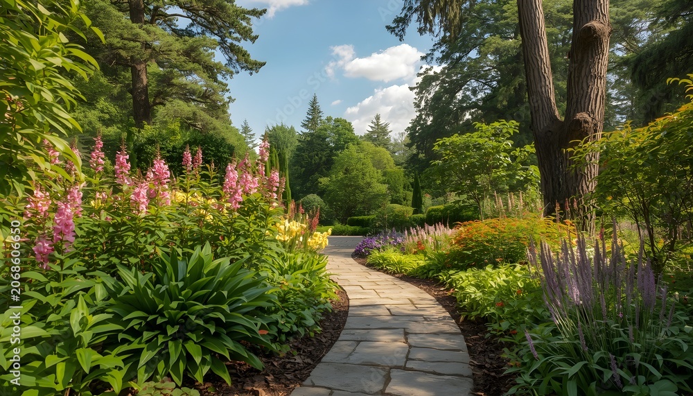Obraz premium Stone Garden Pathway Through Colorful Flower Garden on Sunny Day 