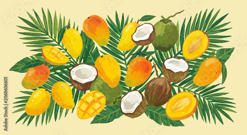 Tropical Fruit Assortment: Mangoes and Coconuts with Palm Leaves