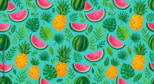 Tropical Fruit Pattern: Watermelon, Pineapple, and Leaves on Teal Background