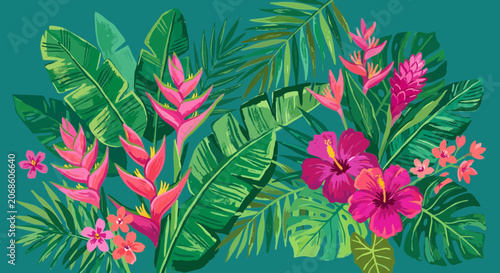 Tropical foliage and flowers, exotic jungle leaves and blooms, vibrant colors