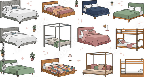 Vector illustration collection of different types of bedroom beds including upholstered headboards wooden frames four poster canopies bunk beds and duvets for interior design