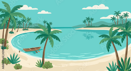 Tropical Island Bay with Boat and Palm Trees
