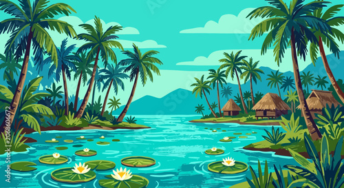 Tropical Island Paradise with Water Lilies and Huts