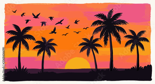 Tropical sunset silhouette with palm trees and flying birds