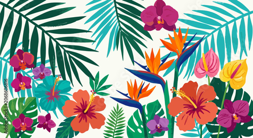 Vibrant Tropical Floral Pattern with Exotic Leaves and Flowers