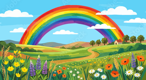 Vibrant rainbow arching over a pastoral landscape with wildflowers and a small house.