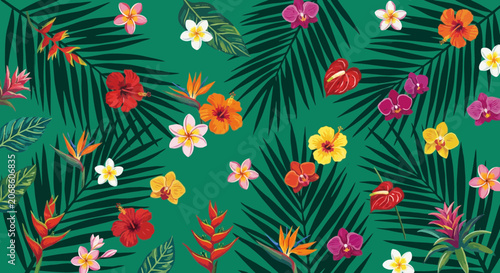 Vibrant tropical floral pattern with palm leaves on green background